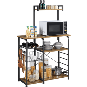 35.5" Kitchen Storage Shelf Baker's Rack with 10 Hooks, Rustic Brown