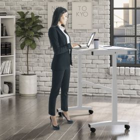 Sit Stand Desk with Casters - White (Height Adjustable) with side crank (switchable either side, left or right side crank)