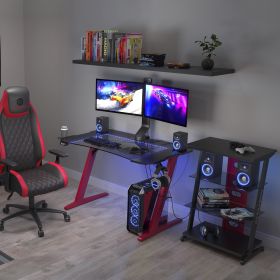 Gaming Desk, Steel Legs, Multicolored LED Lights, Cup Holder, 3 USB Ports, Tempered Glass Accent in Red