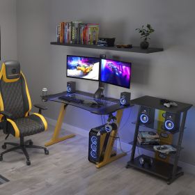 Gaming Desk, Steel Legs, Multicolored LED Lights, Cup Holder, 3 USB Ports, Tempered Glass Accent in Yellow