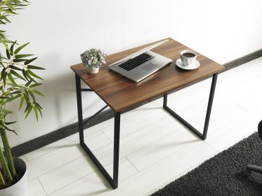 Furnish Home Store Lator Black Metal Frame 35" Wooden Top Small Writing and Computer Desk for Teens Bedroom, Walnut