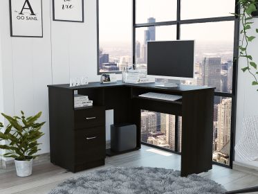 Mix L-Shaped Desk; Keyboard Tray; Two Drawers; Single Open Shelf -Black