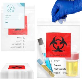 Pack of 100 Biohazard 3 Wall Specimen Bags 8 x 10. Zipper Biohazard Lab Bags 8x10. Attached Document Pouch; 2 mil Thick. Tear Area. Printed Transport