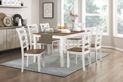 Cherry and White Finish 7pc Dining Set Table and 6 Side Chairs Set Double X-Back Design Wooden Casual Country Style Dining Room Furniture