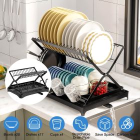 2 Tier Dish Drying Rack with Cup Holder Foldable Dish Drainer Shelf for Kitchen Countertop Rustproof Utensil Holder with Drainboard Black