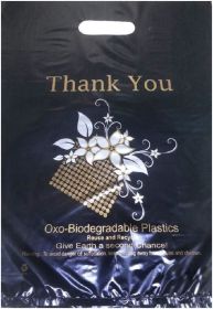 Pack of 1000 Biodegradable Thank You Bags 12 x 16 with Die Cut Handles. Black HDPE Bags 12x16. Thick 25 micron Preprinted Environment Friendly Retail