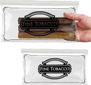 Pack of 50 Slide Seal Lock Cigar Bags 10 x 5. 'Fine Cigars' Designed Clear Plastic Bags 10x5. Low Density Polyethylene Bags with 3 Mil Thick. Slide To