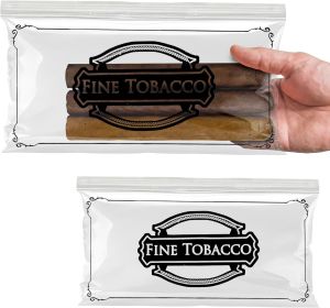 Pack of 100 Slide Seal Closure Cigar Bags 10 x 5. Printed "Fine Cigars" Clear Plastic Bags 10x5. Low Density Polyethylene Bags with 3 Mil Thick. Slide