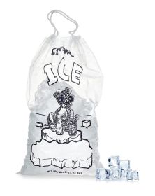 Pack of 500 Drawstring Ice Bags 11 x 18. Crystal Ice Printed Bags 11x18. Thickness 1.5 mil. 8 lbs. BPA Free Food Grade Safe Metallocene Ice Bags.