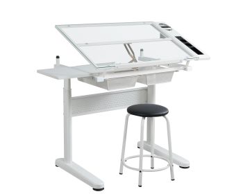 hand crank adjustable drafting table drawing desk with 2 metal drawers (white)WITH STOOL