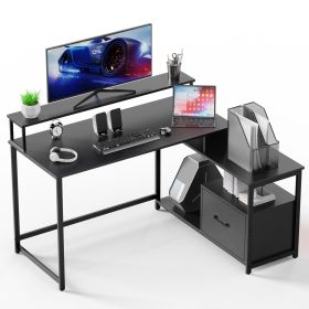 Home Office Computer Desk with File Drawer, LED Strip, Power Outlet, L-Shaped Gaming Desk with Monitor Shelf and Printer Storage Shelf