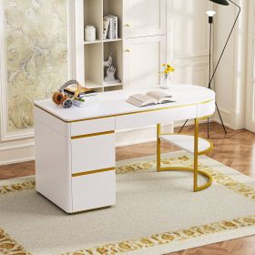 60''Modern Executive Desk,White Curved Computer Desk with Gold Metal Legs,3-Drawers Home Office Desk