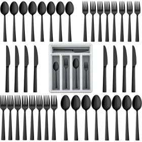 Walchoice 40-Piece Black Silverware Set with Drawer Organizer, Stainless Steel Flatware Cutlery Set for Home Restaurant, Elegant Eating Utensils Table