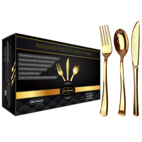 JL Prime 300 Piece Gold Plastic Silverware Set, Re-Usable Recyclable Plastic Cutlery, Gold Plastic Utensil, 100 Forks, 100 Spoons, 100 Knives, Great f