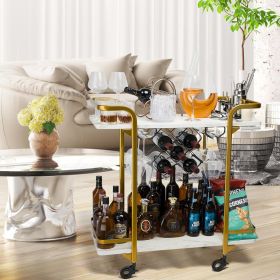 Deluxe Gold Bar Cart, with Glass Holders and Wine Racks, Modern Marbled Solid Wood Cart on Silent Wheels