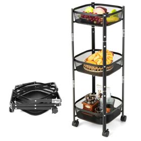 3-Tier Folding Metal Storage Rack Rolling Utility Cart (Color: Black B, Type: Rolling Utility Cart)